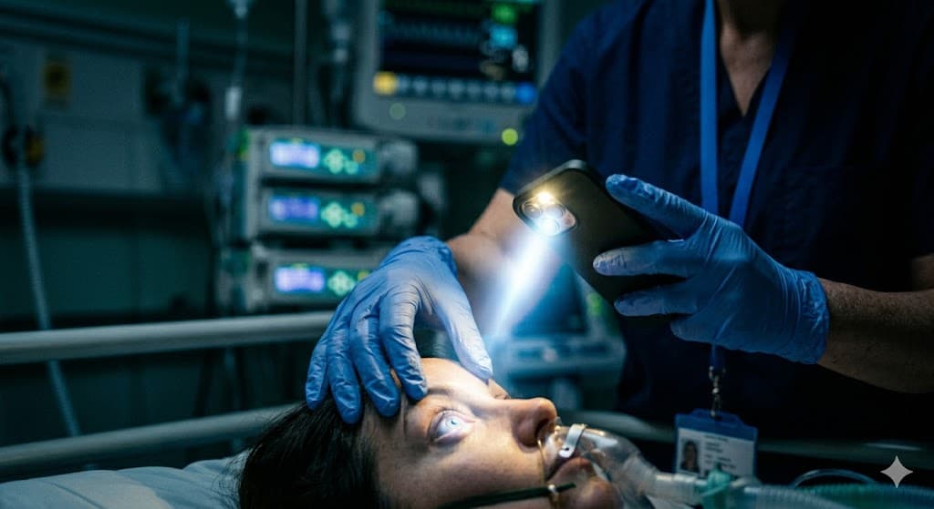 ICU nurse performing smartphone pupillometry at the bedside using PupiLUX
